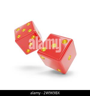 Two red dice with gold dots isolated on white background. 3d illustration. Stock Photo