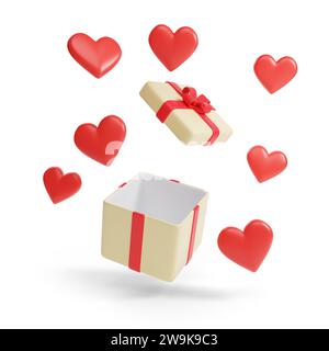 Hearts coming out of a gift box isolated on a white background. 3d illustration. Stock Photo