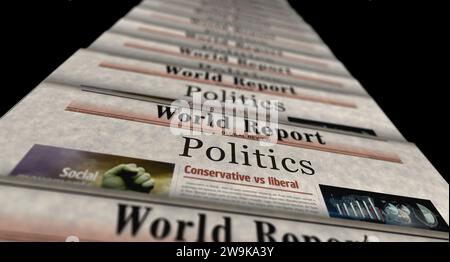 Politics vintage news and newspaper printing. Abstract concept retro headlines 3d illustration. Stock Photo