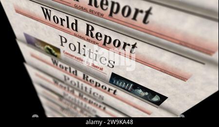 Politics vintage news and newspaper printing. Abstract concept retro headlines 3d illustration. Stock Photo