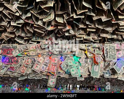 500,000+ dollar bills paper the ceilng and walls of the No Name Bar, Big Pine Key, Florida Keys, Florida Stock Photo