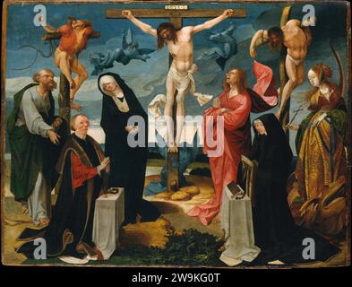 The Crucifixion with Donors and Saints Peter and Margaret of Antioch 1888 by Cornelis Engebrechtsz Stock Photo