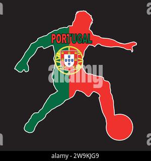 Silhouette of an Portuguese footballer with the national flag colors set in a black background Stock Vector