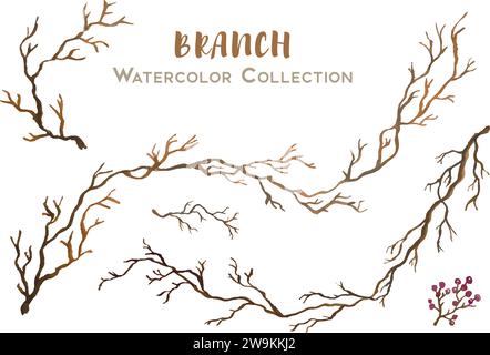 Vector set of beautiful hand drawn watercolor collection of branches for designs and cards Stock Vector