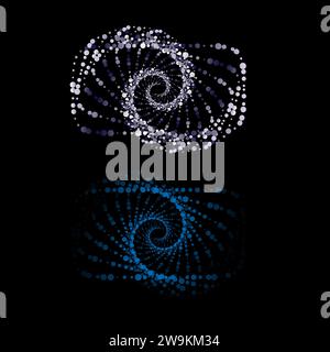 Abstract spiral stairs shape made of halftone dots, blue and white colors, glittering sparks, vector illustration on dark background Stock Vector
