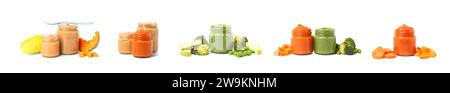 Collage of healthy baby food in jars on white background Stock Photo