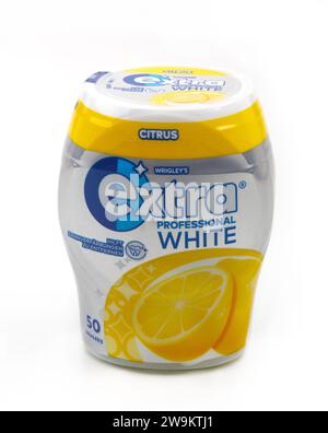 HUETTENBERG, HESSE, GERMANY - 2023-12-28: EXTRA WRIGLEYS Citrus Chewing Gums in a plastic Box. The chewing gum is manufactured by the Wrigley Company, Stock Photo