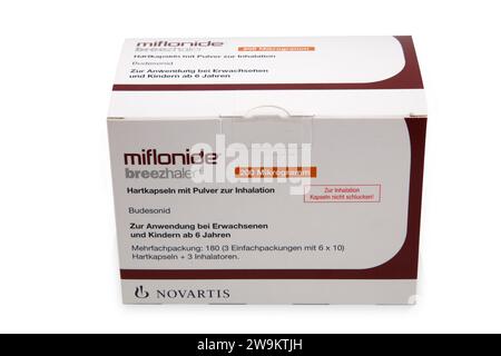 HUETTENBERG, HESSE, GERMANY - 2023-12-16: Milfonide Breezhaler Box of Powder inhaler from Novartis. Stock Photo