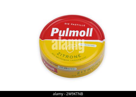 HUETTENBERG, HESSE, GERMANY - 2023-12-28: Pulmoll Citrus pastilles Pulmoll Pastillen. The renowned Pulmoll brand, belongs to Kalfany Süße Werbung GmbH Stock Photo