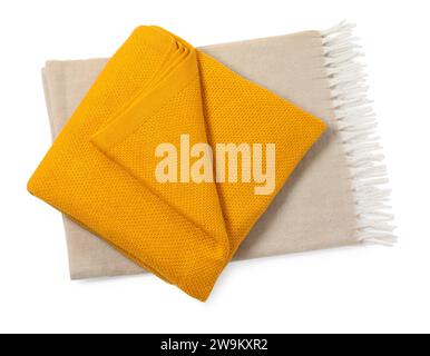 Two soft warm blankets isolated on white, above view Stock Photo
