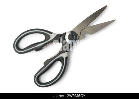 pair of kitchen scissors or shears with bottle opener and nutcracker, designed for cutting and trimming various food items, all-in-one tool for kitche Stock Photo