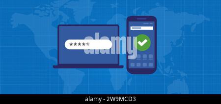 2FA two factor authentication laptop screen password and phone permission smartphone verification security Stock Vector
