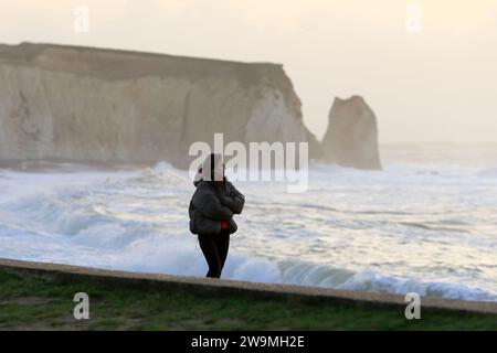 Freshwater Bay, Totland. 28th December 2023. Storm force winds from Storm Gerrit hit the Isle of Wight yesterday and overnight. Large waves, high gusts of wind and sea foams were some of the hazards that continued today at the beach. Credit: james jagger/Alamy Live News Stock Photo