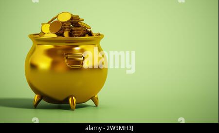 Pot of gold on green background with copy space on the right. 3D illustration. Stock Photo