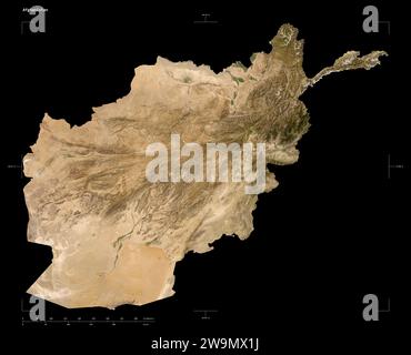 Shape of a low resolution satellite map of the Afghanistan, with distance scale and map border coordinates, isolated on black Stock Photo