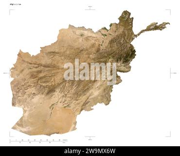 Shape of a low resolution satellite map of the Afghanistan, with distance scale and map border coordinates, isolated on white Stock Photo