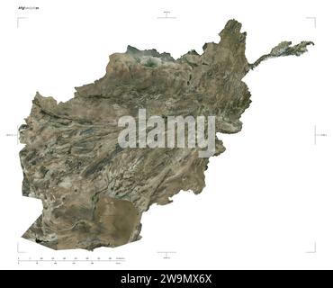 Shape of a high resolution satellite map of the Afghanistan, with distance scale and map border coordinates, isolated on white Stock Photo