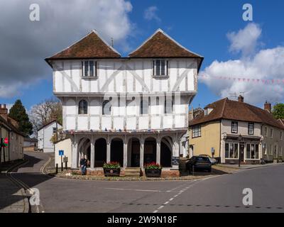 The Guildhall in Thaxted, Essex, UK; a three storey timber framed building from 15th century now used as a museum. Stock Photo