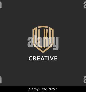 Luxury LK logo monogram shield shape monoline style with gold color and dark background vector graphic Stock Vector