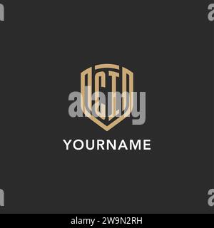 Luxury CI logo monogram shield shape monoline style with gold color and dark background vector graphic Stock Vector