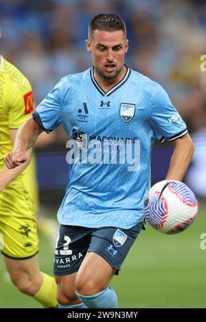 Sydney, Australia. 29th Dec, 2023. Robert Mak of Sydney FC attacks during the Isuzu-UTE A-League match between Sydney FC and Wellington Phoenix at Allianz Stadium, Sydney, Australia on 29 December 2023. Photo by Peter Dovgan. Editorial use only, license required for commercial use. No use in betting, games or a single club/league/player publications. Credit: UK Sports Pics Ltd/Alamy Live News Stock Photo