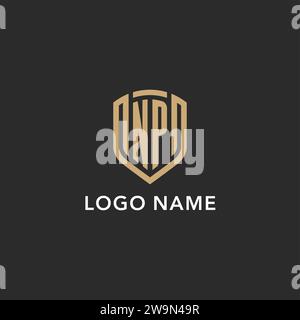 Luxury NP logo monogram shield shape monoline style with gold color and dark background vector graphic Stock Vector