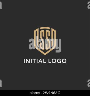 Luxury SS logo monogram shield shape monoline style with gold color and dark background vector graphic Stock Vector