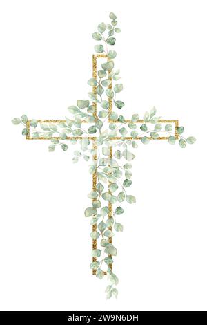 Watercolor Easter Cross Clipart, Religious illustration, Eucalyptus cross, Baptism clip art, Holy Spirit clipart, greenery Stock Photo