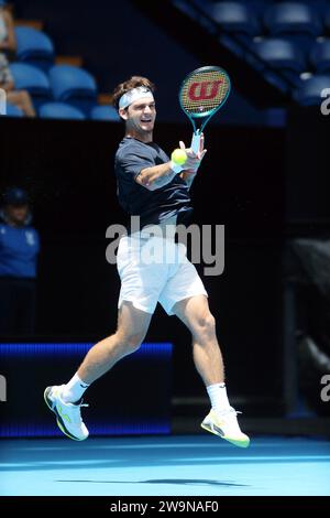 Perth, Australia. 29th Dec, 2023. Thiago Seyboth Wild of Brazil returns to Alejandro Davidovich Fokina of Spain during the men's singles match at the United Cup tennis tournament in Perth, Australia, Dec. 29, 2023. Credit: Zhou Dan/Xinhua/Alamy Live News Stock Photo