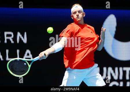 Perth, Australia. 29th Dec, 2023. Alejandro Davidovich Fokina of Spain returns to Thiago Seyboth Wild of Brazil during the men's singles match at the United Cup tennis tournament in Perth, Australia, Dec. 29, 2023. Credit: Zhou Dan/Xinhua/Alamy Live News Stock Photo