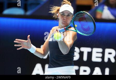 Perth, Australia. 29th Dec, 2023. Beatriz Haddad Maia of Brazil returns to Sara Sorribes Tormo of Spain during the women's singles match at the United Cup tennis tournament in Perth, Australia, Dec. 29, 2023. Credit: Zhou Dan/Xinhua/Alamy Live News Stock Photo