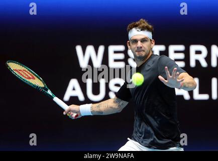 Perth, Australia. 29th Dec, 2023. Thiago Seyboth Wild of Brazil returns to Alejandro Davidovich Fokina of Spain during the men's singles match at the United Cup tennis tournament in Perth, Australia, Dec. 29, 2023. Credit: Zhou Dan/Xinhua/Alamy Live News Stock Photo