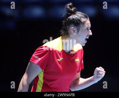 Perth, Australia. 29th Dec, 2023. Sara Sorribes Tormo of Spain celebrates scoring against Beatriz Haddad Maia of Brazil during the women's singles match at the United Cup tennis tournament in Perth, Australia, Dec. 29, 2023. Credit: Zhou Dan/Xinhua/Alamy Live News Stock Photo