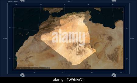 Algeria highlighted on a low resolution satellite map map with the country's capital point, cartographic grid, distance scale and map border coordinat Stock Photo