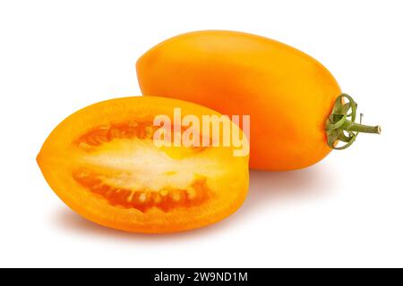 sliced orange plum tomato path isolated on white Stock Photo
