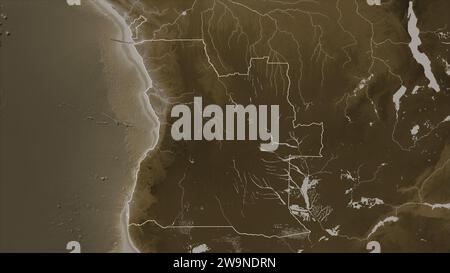 Angola outlined on a elevation map colored in sepia tones with lakes and rivers Stock Photo