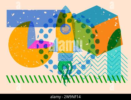 Risograph Rocketship with geometric shapes. Objects in trendy riso ...
