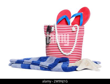 Stylish bag, starfish and other beach accessories isolated on white Stock Photo
