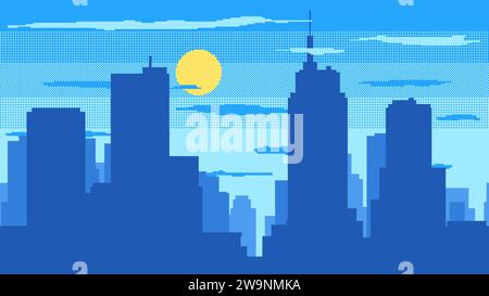 Day time cityscape pixel background. High buildings silhouette with sun and clouds. 2d pixel video game daytime with modern skyscrapers in city. Stock Vector