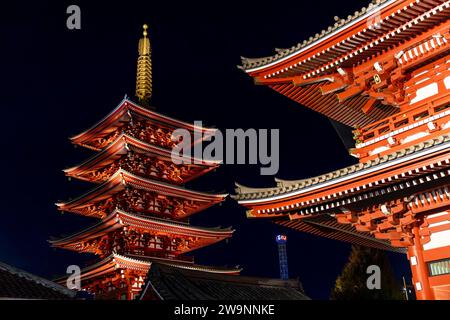 Pagoda and Senso Ji temple in Tokyo at night Stock Photo