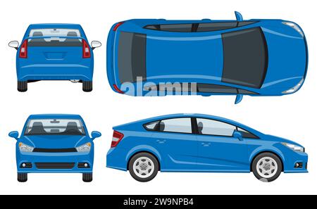 Blue car vector template with simple colors without gradients and effects. View from side, front, back and top Stock Vector