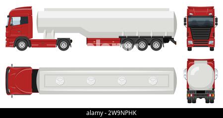 Tanker truck vector template with simple colors without gradients and effects. View from the side, front, back, and top Stock Vector
