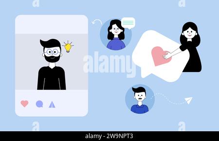 Vector illustration of group of social media followers. Like, share, comment, share post or save. Interaction in social networks. Stock Vector