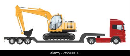 Low-bed semi-trailer truck carrying an excavator. Isolated vector illustration with simple colors without gradients and effects. Construction vehicle Stock Vector