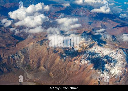 Aerial view of the Andes mountain range in the border between Chile and Argentin Stock Photo