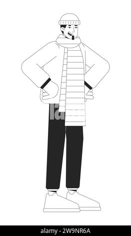 Winter outerwear caucasian man happy black and white 2D line cartoon character Stock Vector