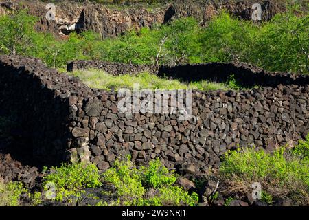 Village rock wall ruins, Puuhonua o Honaunau National Historical Park, Ala Kahakai National Historic Trail, Hawaii Stock Photo