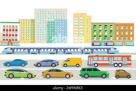 Road traffic with express train, bus and tram, illustration Stock ...