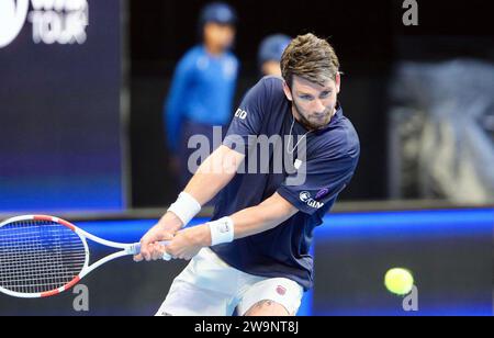 Perth, Australia. 29th Dec, 2023. Cameron Norrie of Britain hits a return to Alex de Minaur of Australia during the men's singles match at the United Cup tennis tournament in Perth, Australia, Dec. 29, 2023. Credit: Zhou Dan/Xinhua/Alamy Live News Stock Photo