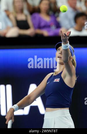 Perth, Australia. 29th Dec, 2023. Katie Boulter of Britain serves the ball to Ajla Tomljanovic of Australia during the women's singles match at the United Cup tennis tournament in Perth, Australia, Dec. 29, 2023. Credit: Zhou Dan/Xinhua/Alamy Live News Stock Photo